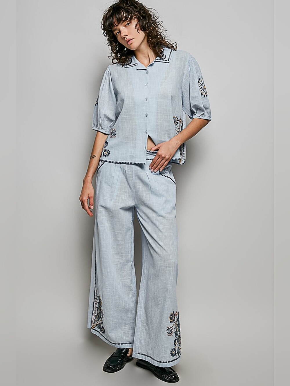 1-0619 POL Light Blue Embroidered Boho Cotton Two-Piece Pant And Top Set